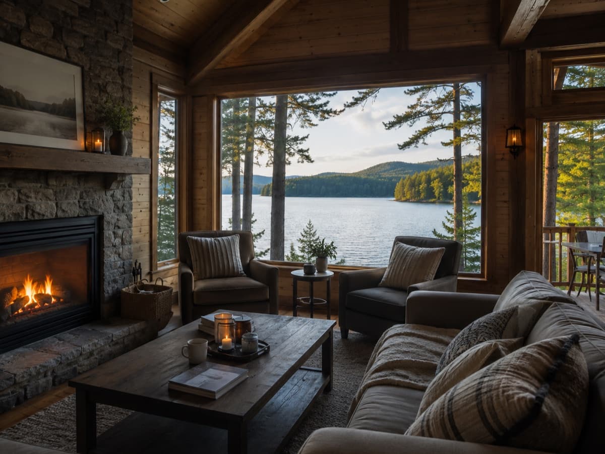 Cozy cabin living room with a lake view