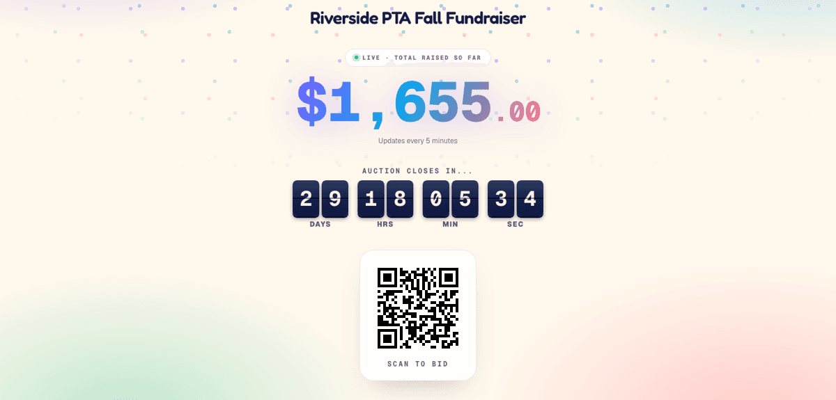 The live bid screen: the event name, the running total raised, a countdown to closing, and a QR code guests scan to bid